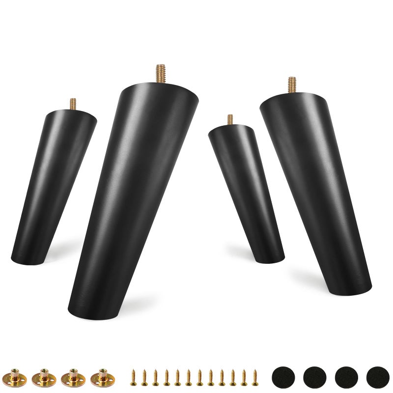 FoDau770 Black Rubber Wood Furniture Legs 9 Inches, Slant Tapered Wood Legs Mid Century Sofa Legs Set of 4, 5/16"" UNC Furniture Feet Replacement Legs for Cabinet Sofa Couch Dresser Chair Ottoman Table - Image 1